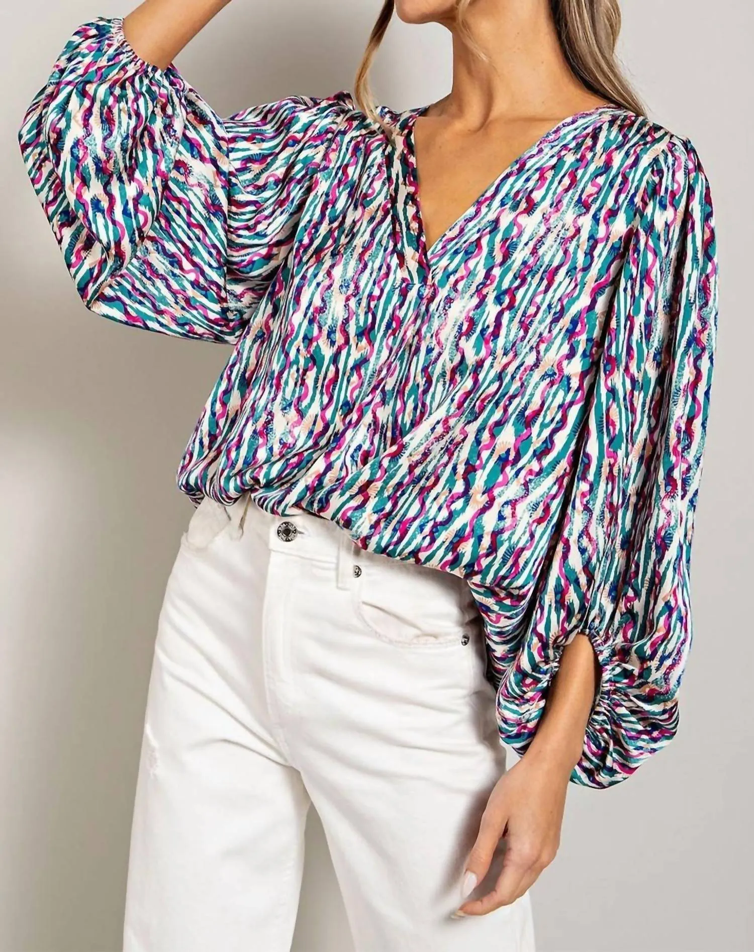Retro Print V Neck Bubble Sleeve Blouse In Blue