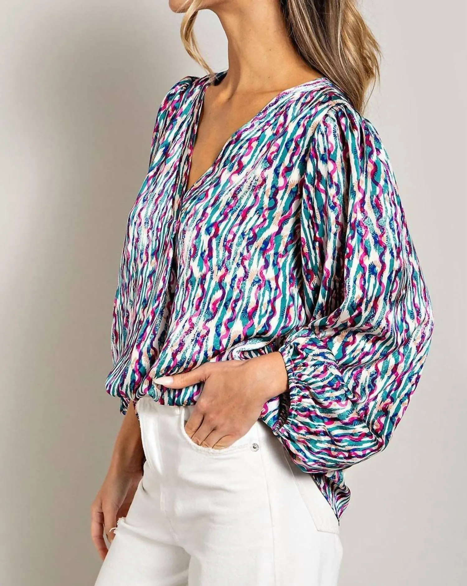 Retro Print V Neck Bubble Sleeve Blouse In Blue
