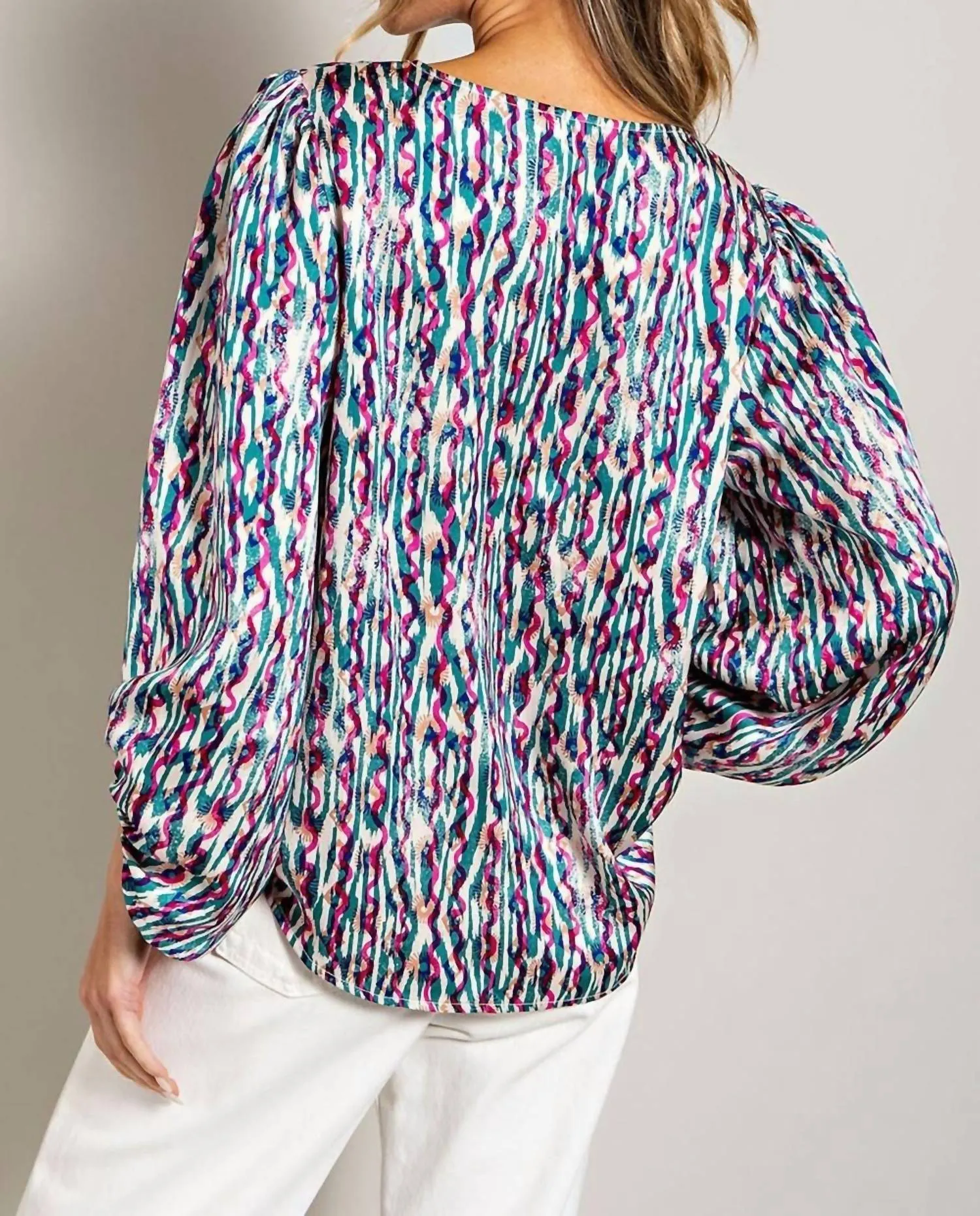 Retro Print V Neck Bubble Sleeve Blouse In Blue
