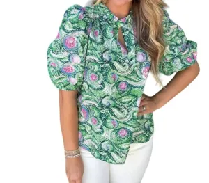 Rolling Fields Puff Sleeve Placket Top In Green