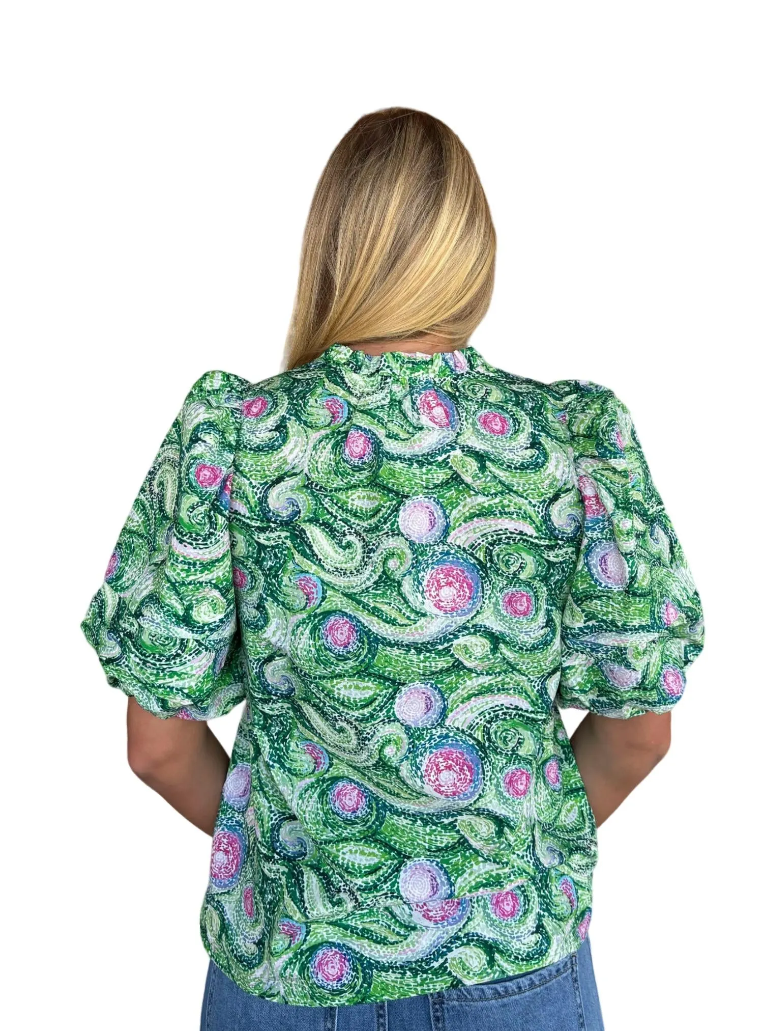 Rolling Fields Puff Sleeve Placket Top In Green