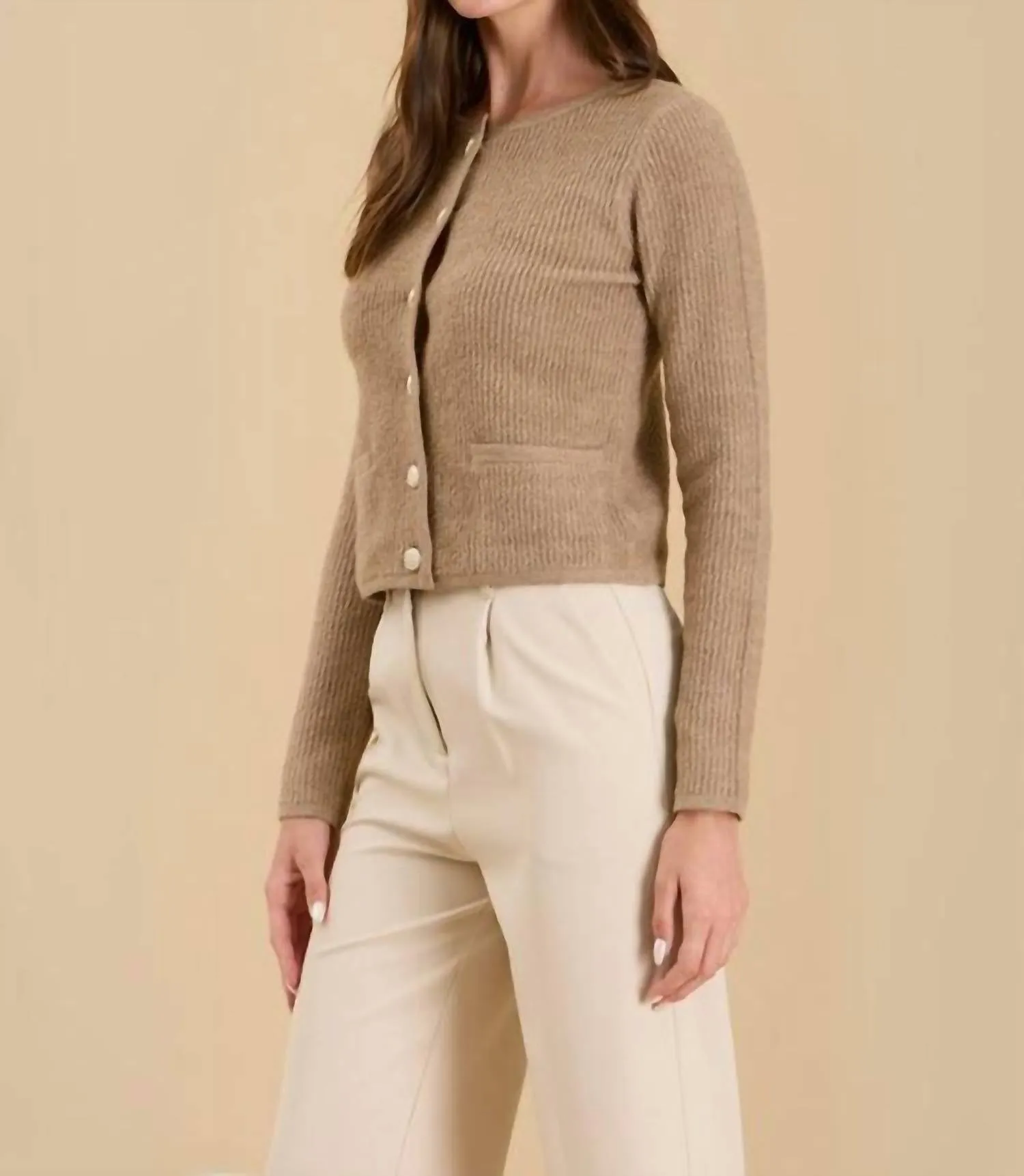 Round Neck Gold Button Knit Cardigan In Taupe