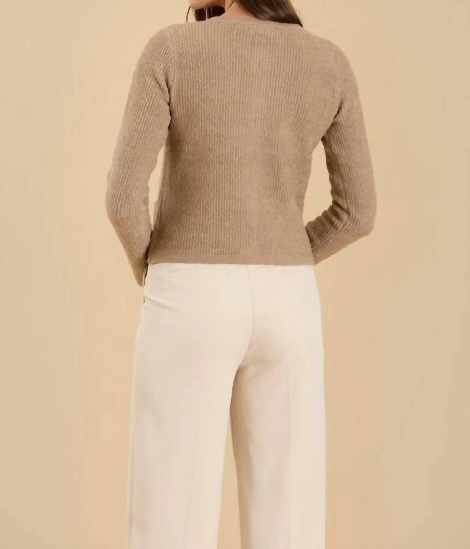 Round Neck Gold Button Knit Cardigan In Taupe