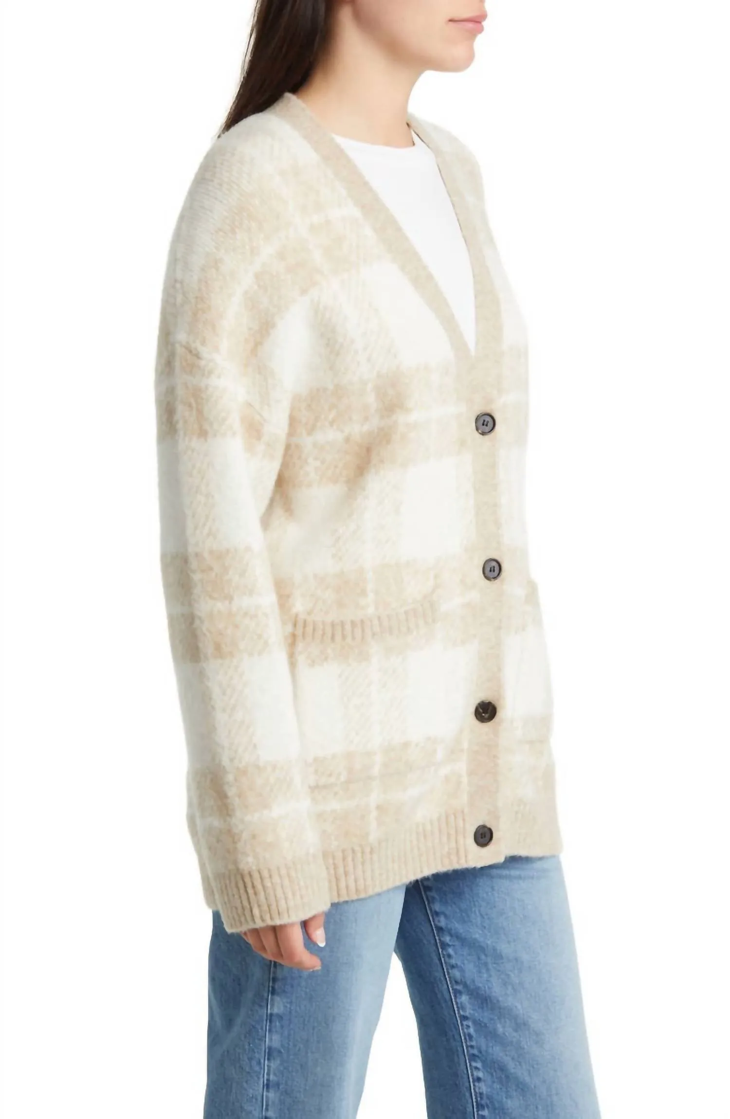 Runi Cardigan In Ivory Sand Plaid