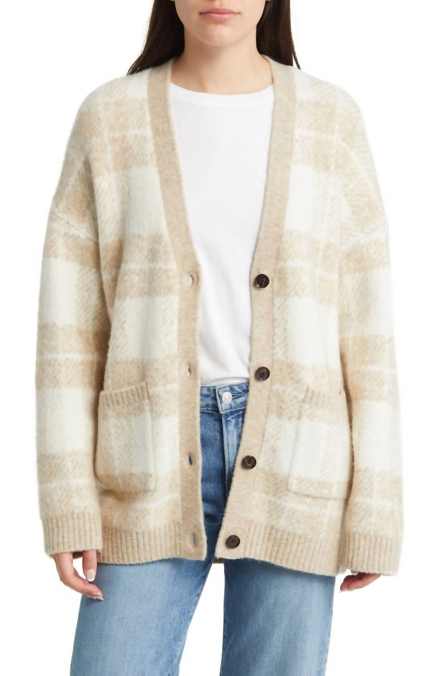 Runi Cardigan In Ivory Sand Plaid