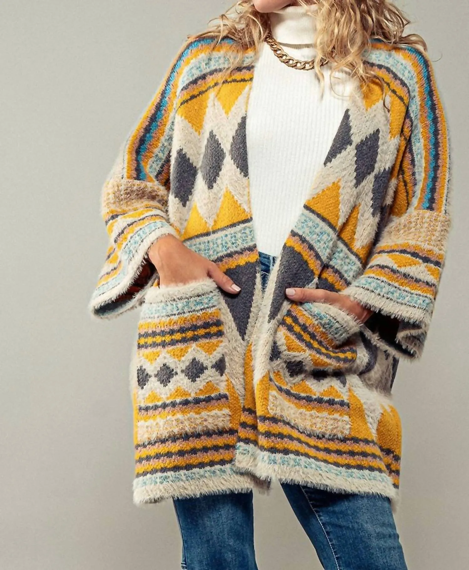 Rustic And Geometric Cardigan In Mustard