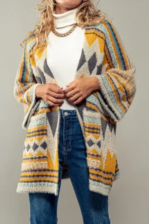Rustic And Geometric Cardigan In Mustard