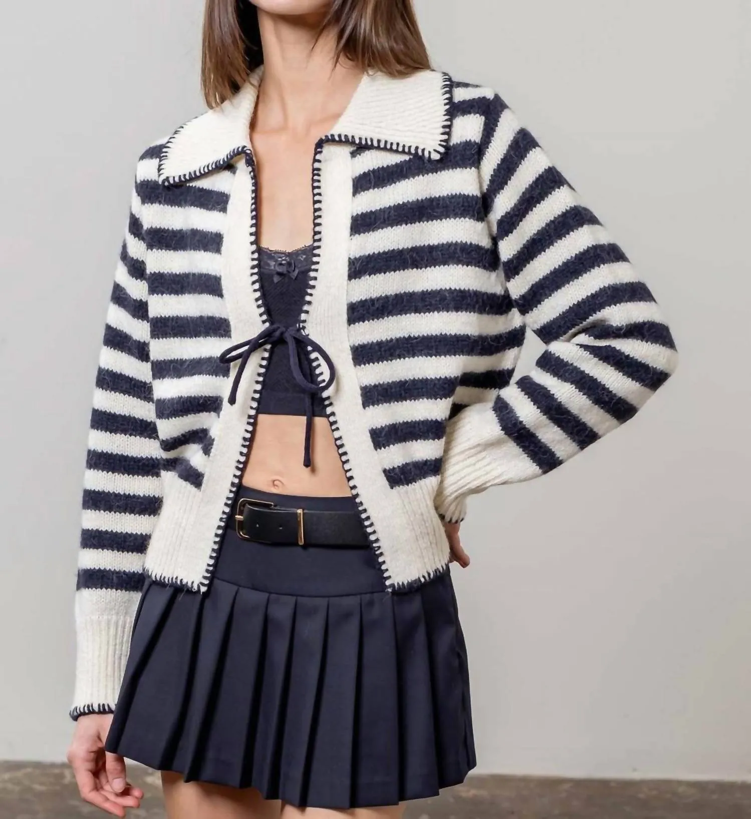 Sailor Collar Tie Front Cardigan In Ivory