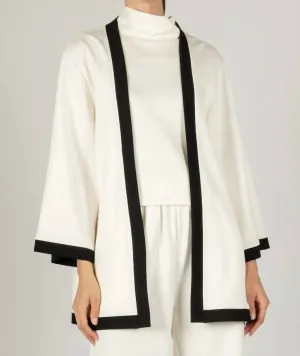 Scuba Modal Border Contrast Wide Sleeve Cardigan In Eggshell