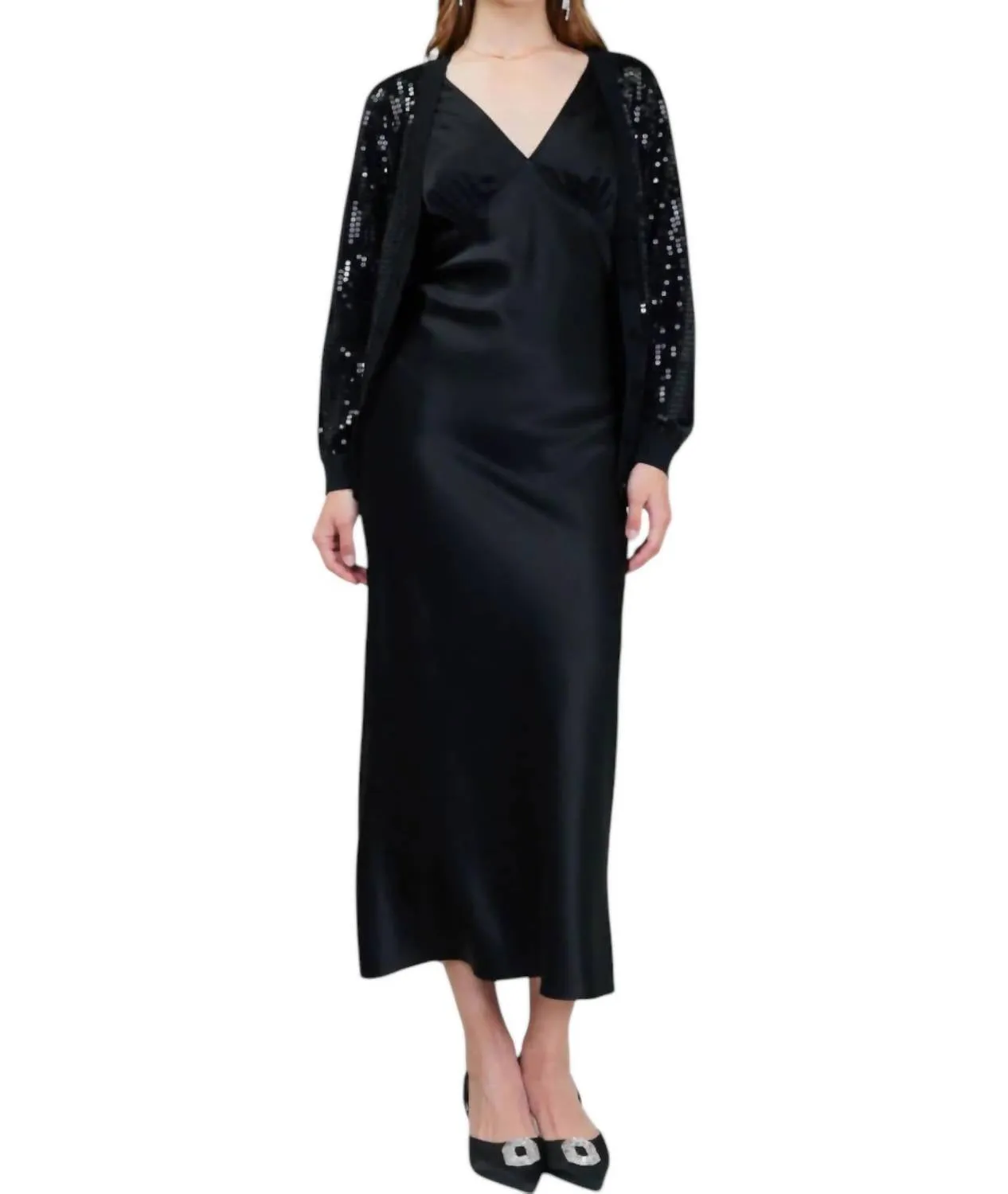 Sequin Long Sleeve Cardigan In Black