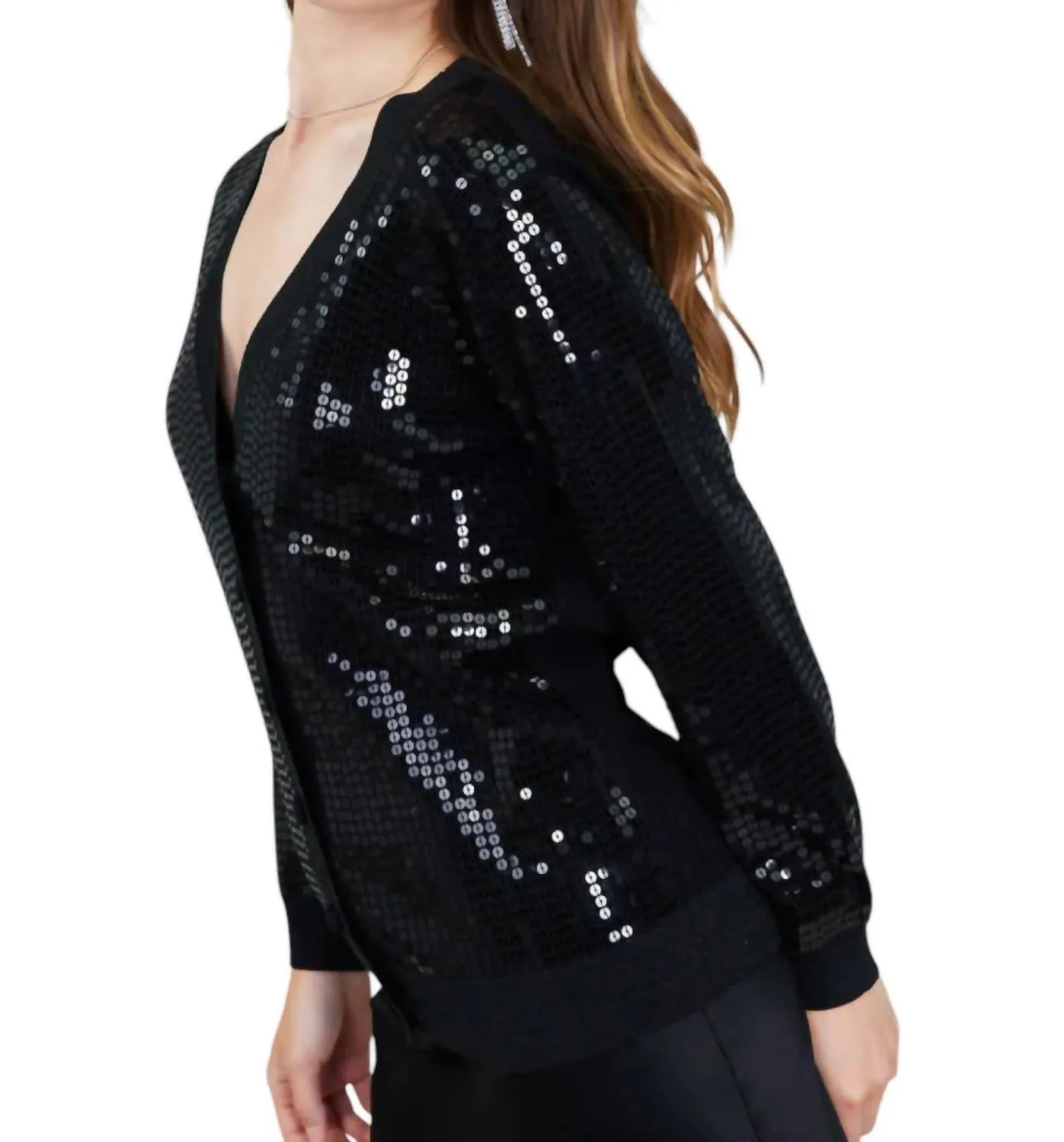 Sequin Long Sleeve Cardigan In Black