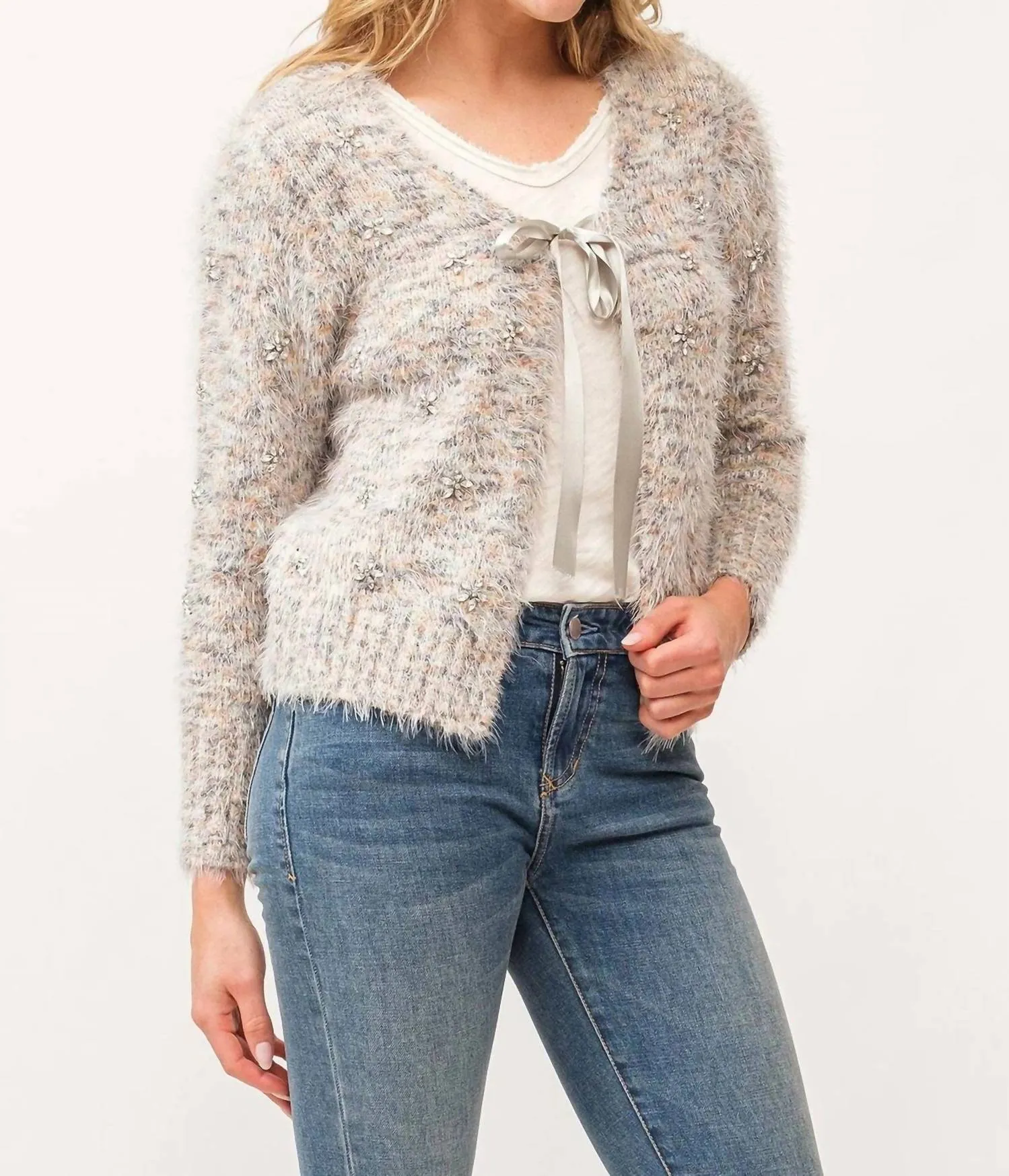 Serafina Fuzzy Cardigan In Snow Meadow