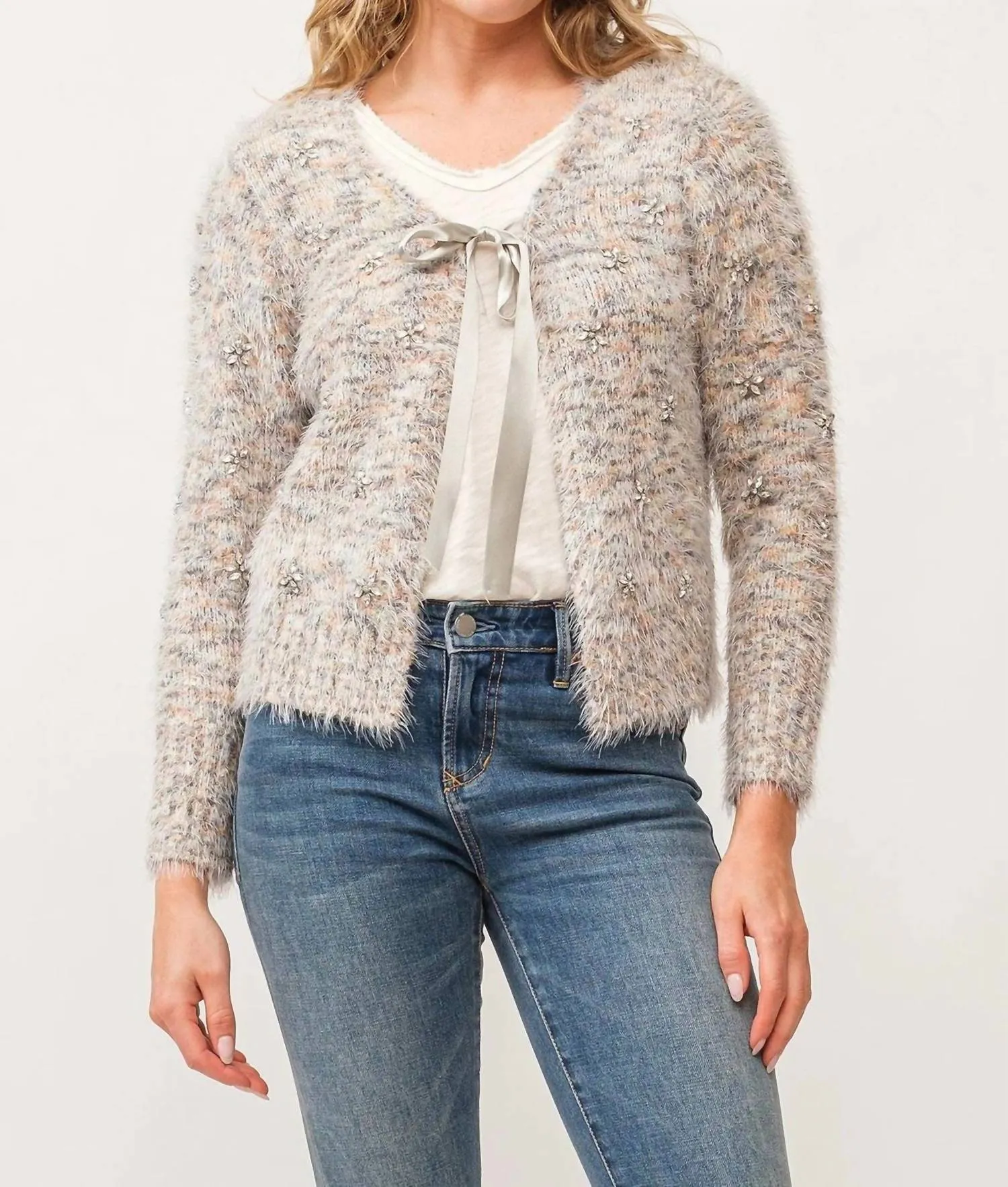 Serafina Fuzzy Cardigan In Snow Meadow