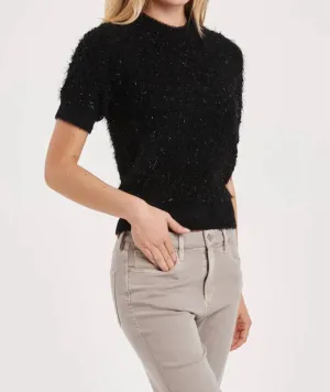 Sezanna Crew Neck Short Sleeved Fuzzy Detail Sweater In Black