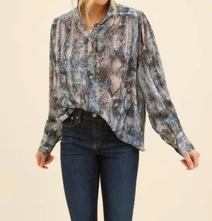 Shirred Blouse In Blue Snake Print