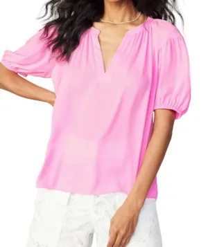 Split Neck Blouse In Neon Pink