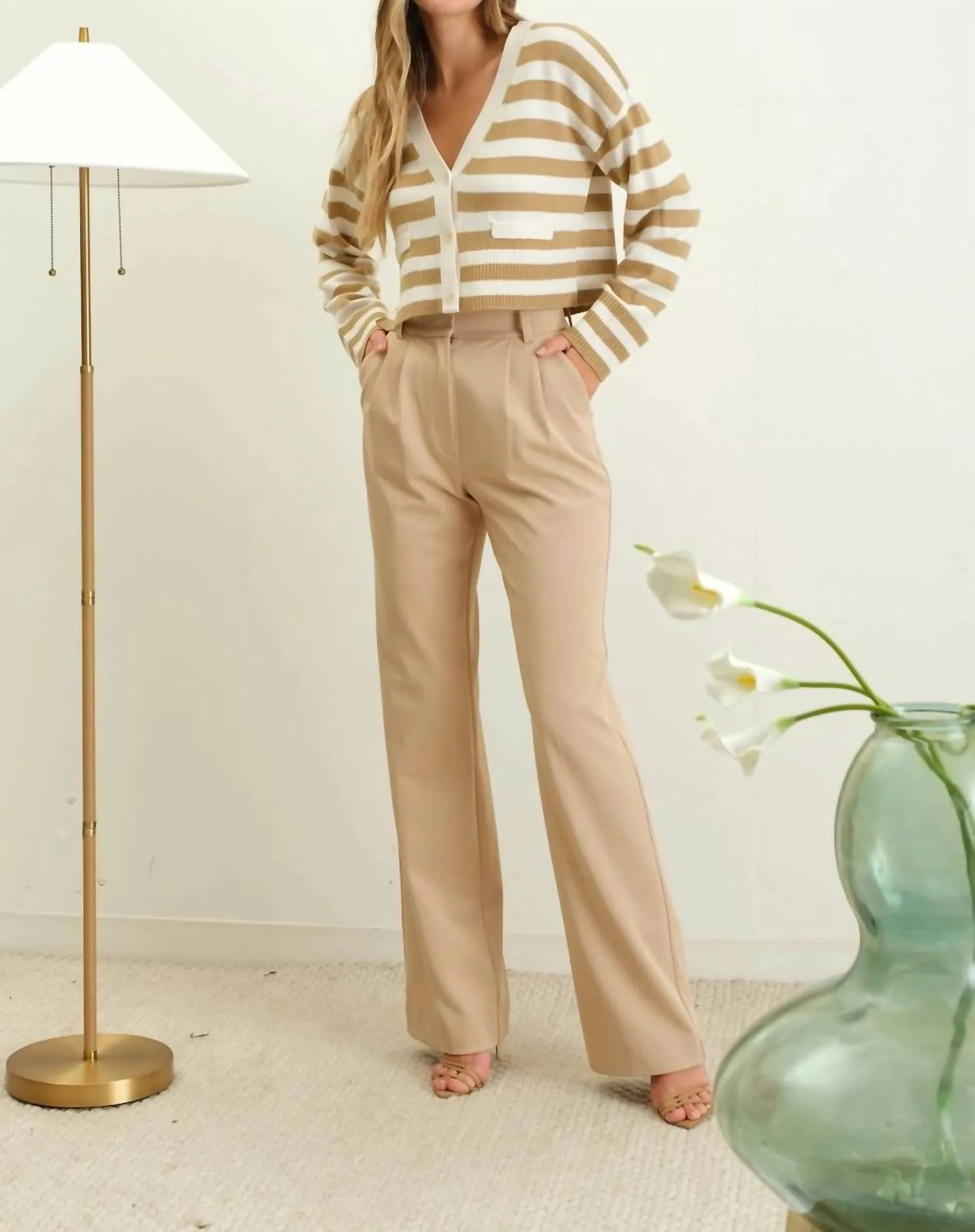 Stripe Long Sleeve Knit Button Down Cardigan In Khaki