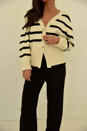 Striped Button Down Cardigan Sweater In Cream