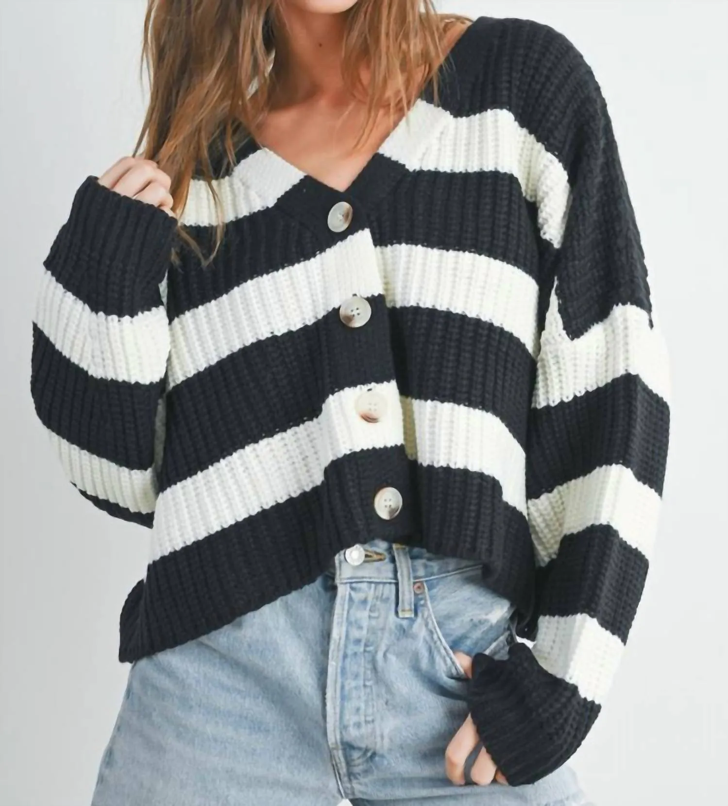 Striped V-Neck Cardigan With Buttons In Black/ivory