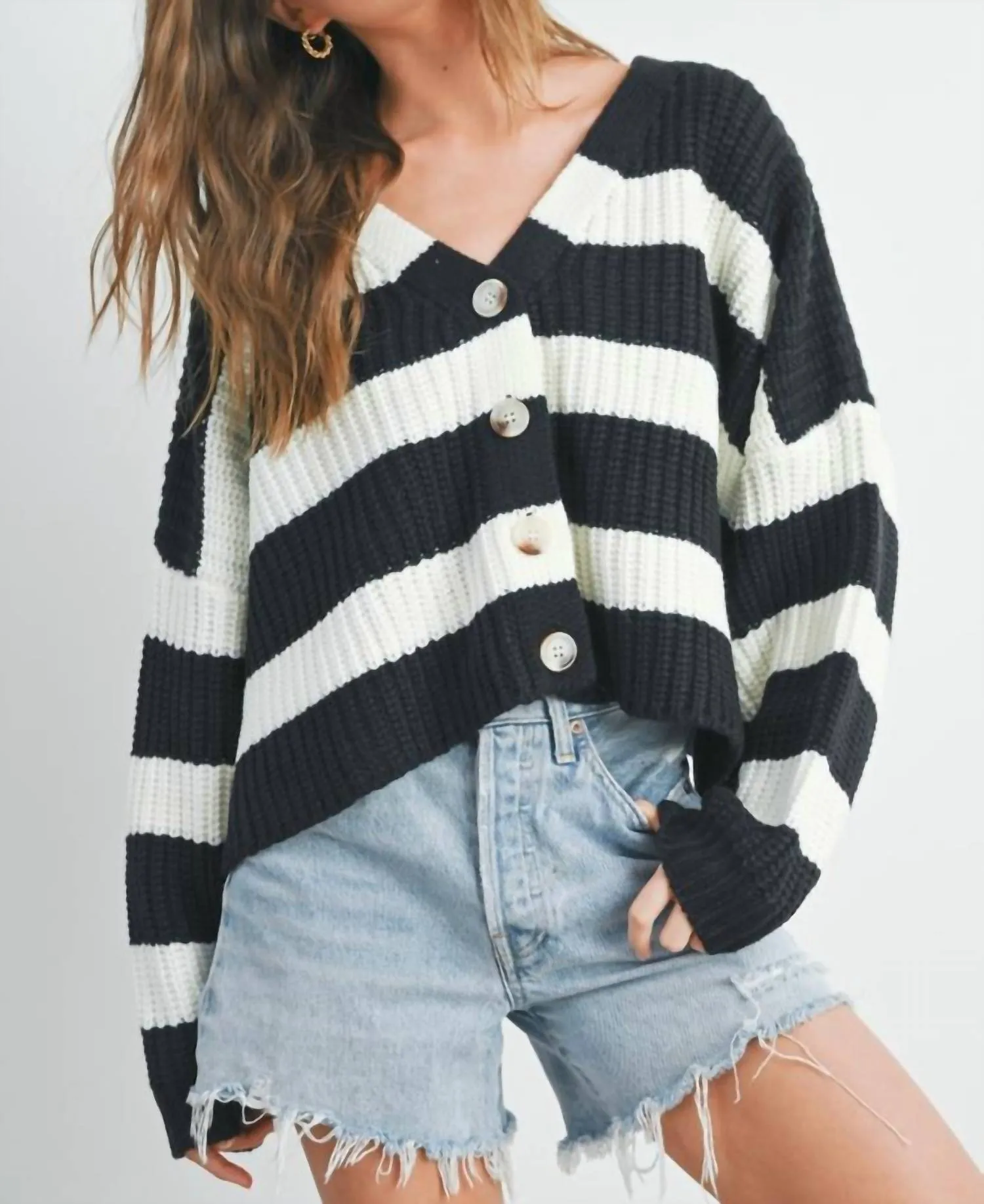 Striped V-Neck Cardigan With Buttons In Black/ivory