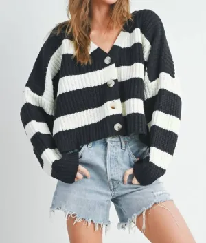 Striped V-Neck Cardigan With Buttons In Black/ivory
