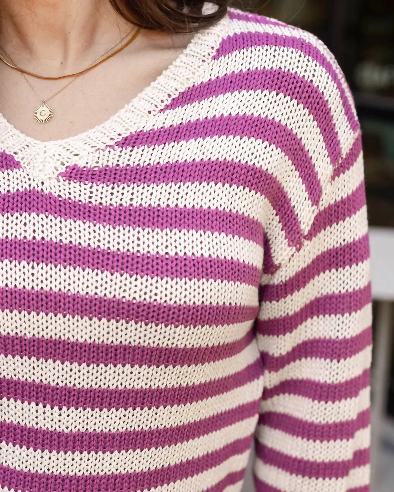 Striped V-Neck Sweater In Berry Stripe