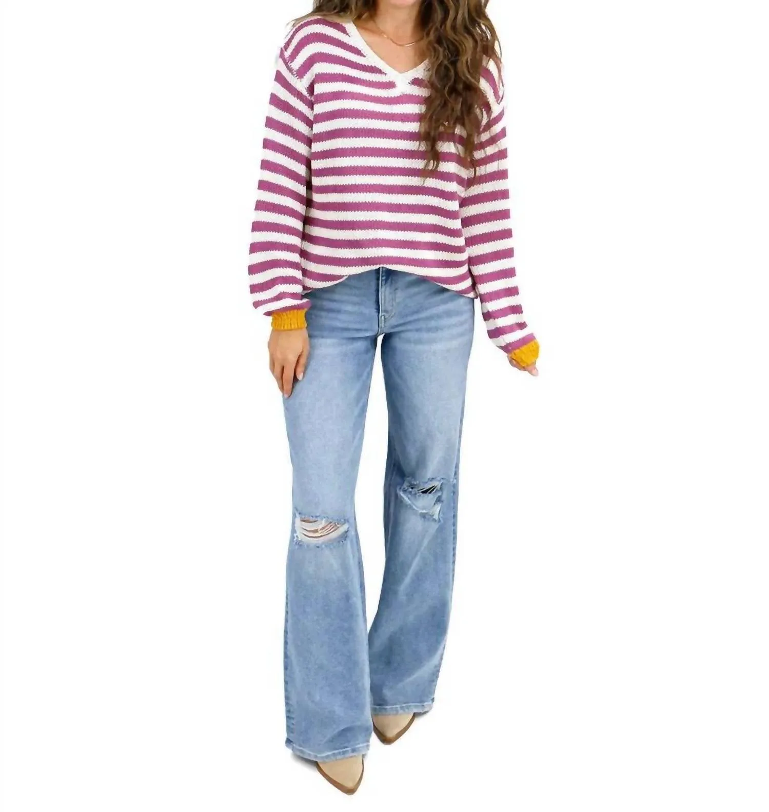 Striped V-Neck Sweater In Berry Stripe