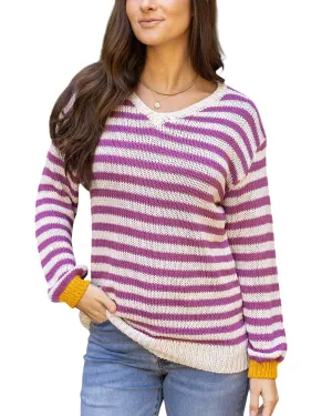 Striped V-Neck Sweater In Berry Stripe