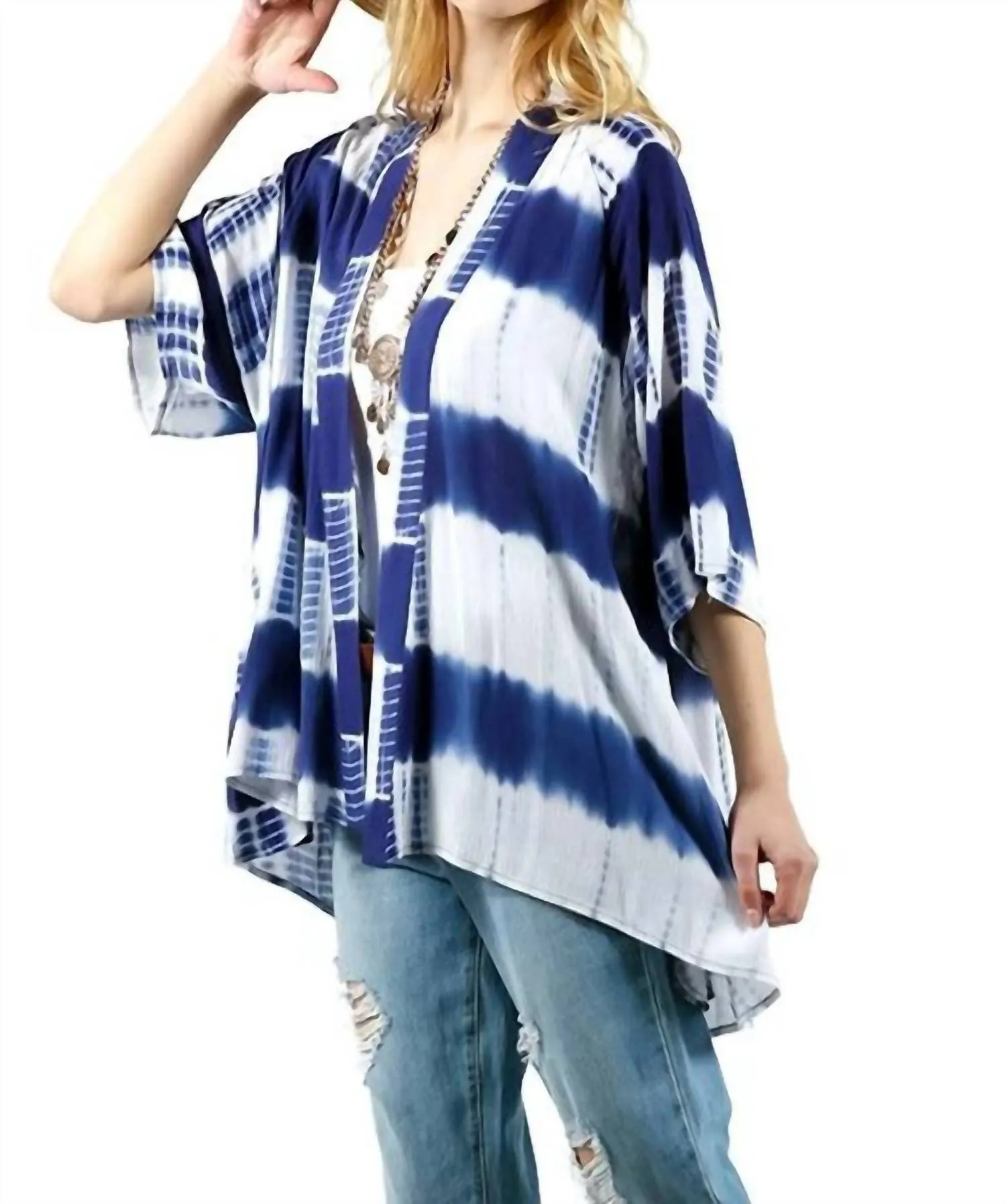 Tie Dye Lace Crochet Back Kimono In Blue