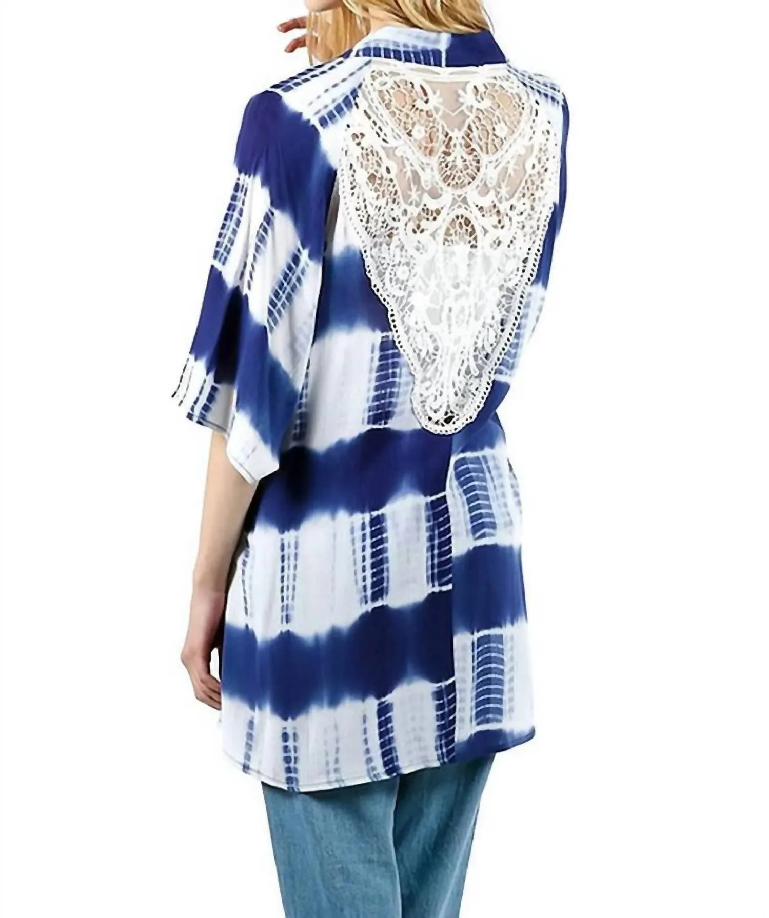 Tie Dye Lace Crochet Back Kimono In Blue