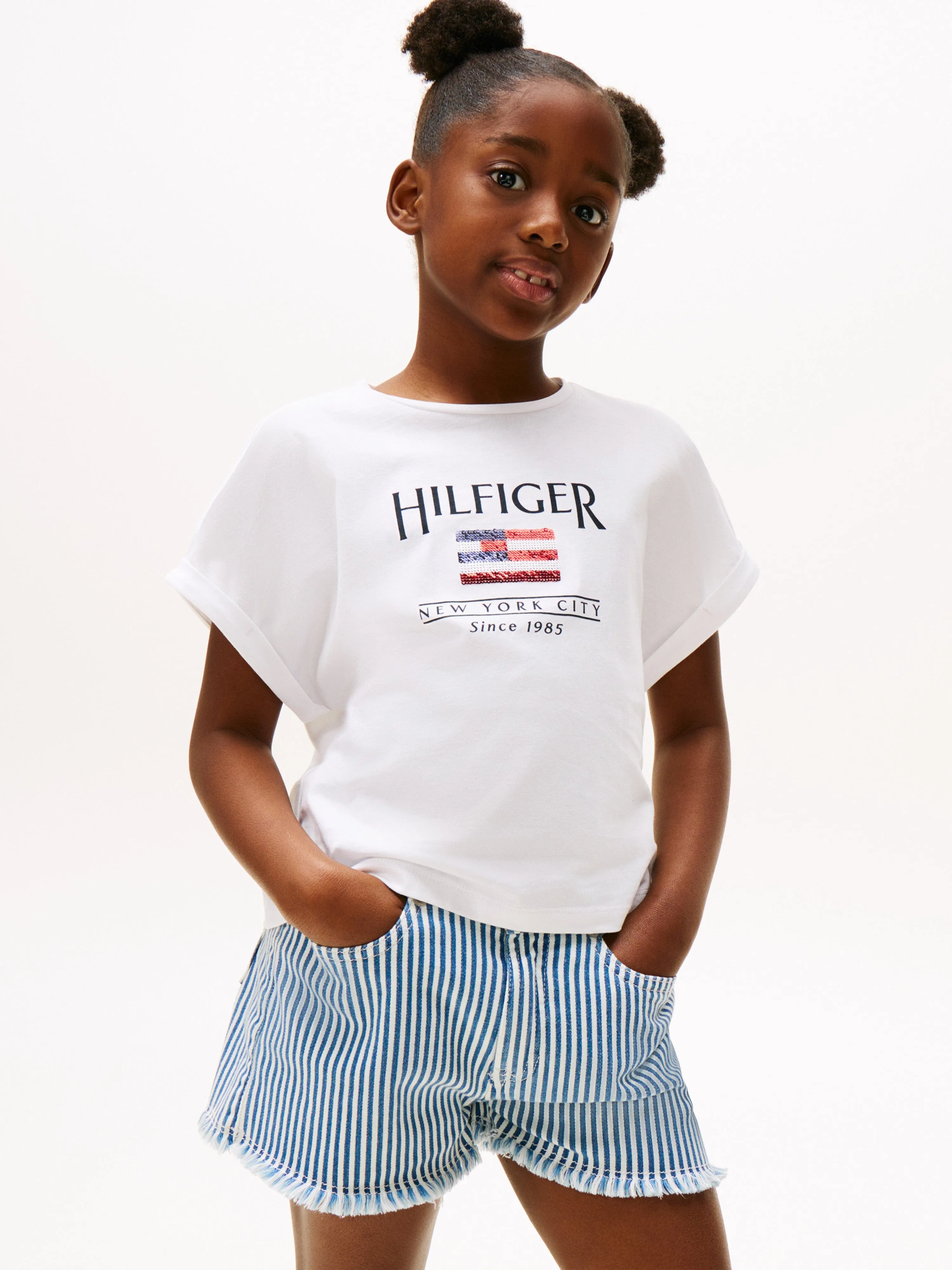 Tommy Hilfiger Girls Sequin Flag T-Shirt in White