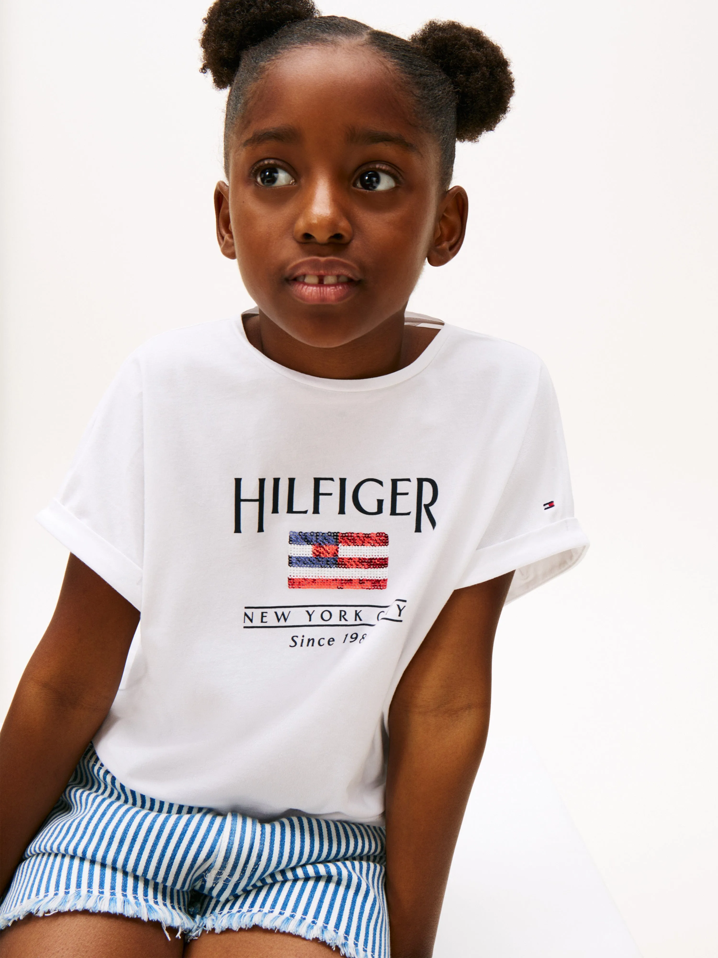 Tommy Hilfiger Girls Sequin Flag T-Shirt in White