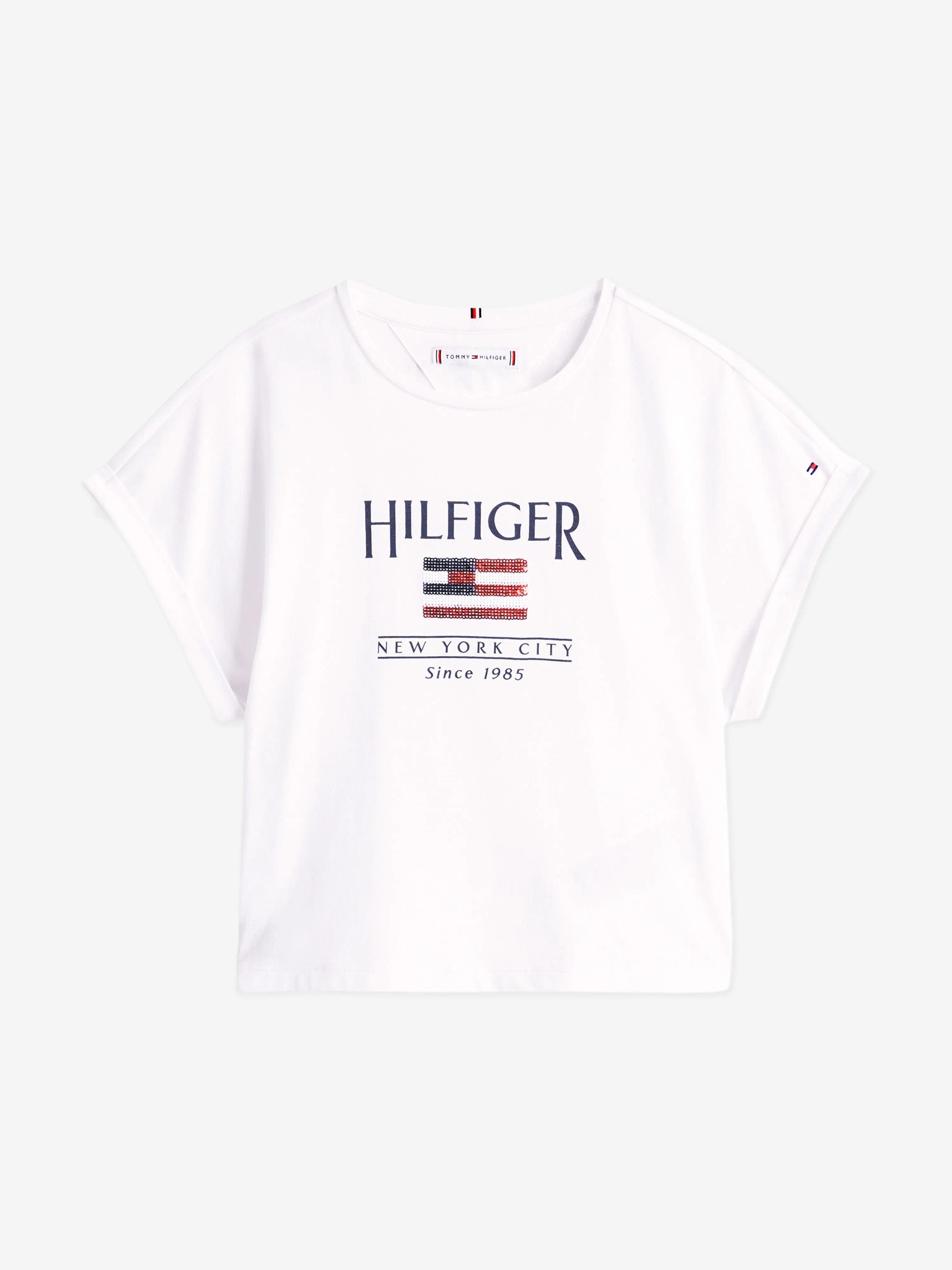 Tommy Hilfiger Girls Sequin Flag T-Shirt in White