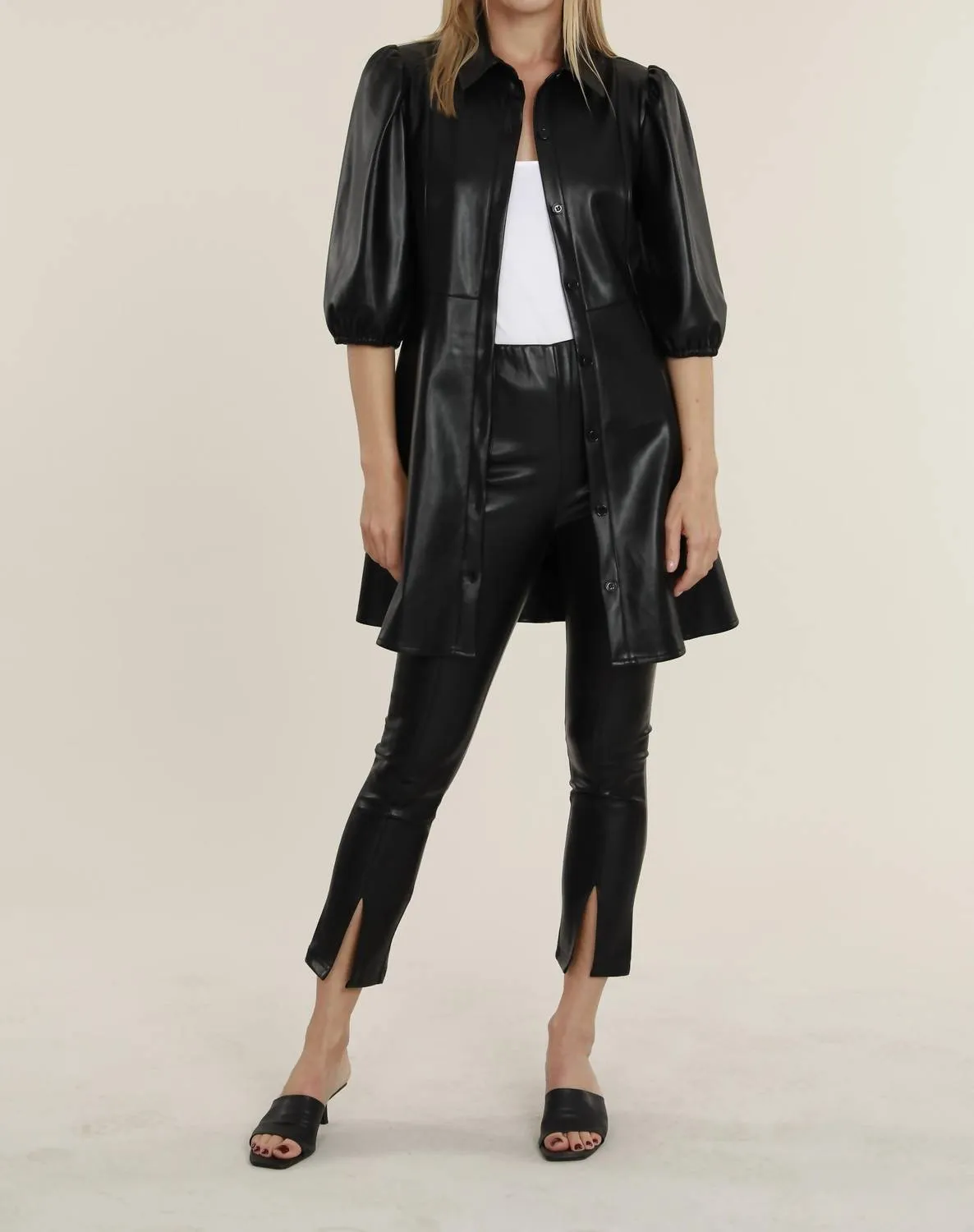 Vegan Leather Split Hem Legging In Black