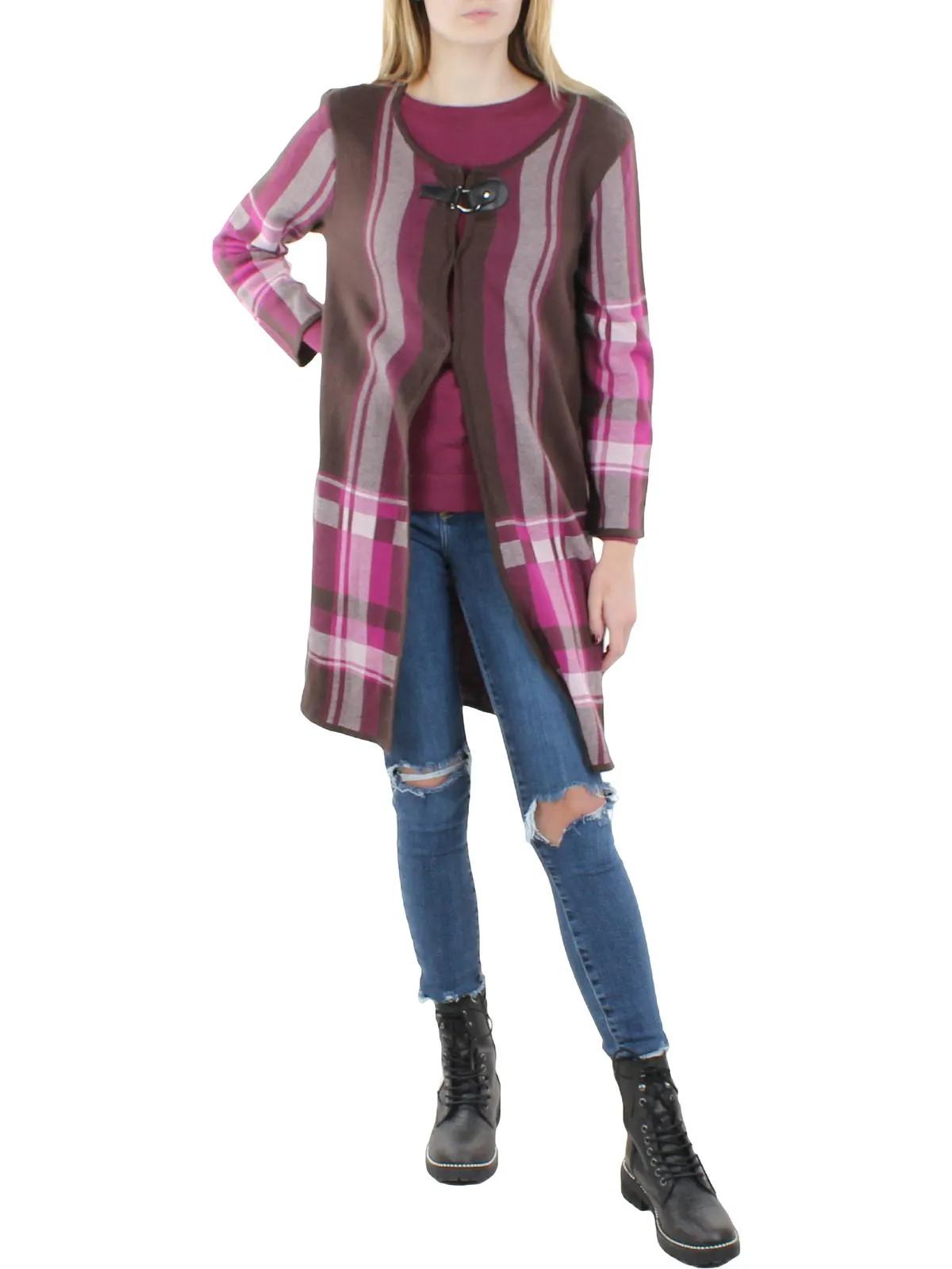 Womens Plaid Flyaway Cardigan Sweater