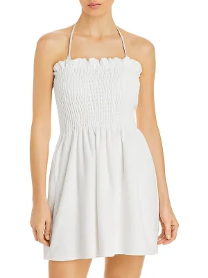 Womens Smocked Mini Dress Swim Cover-Up