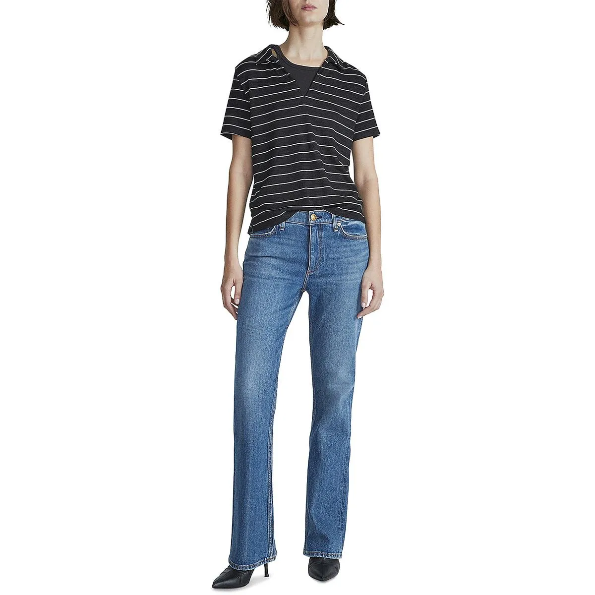 Womens Striped V-Neck Polo Top