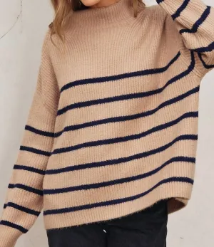 Zoey High Neck Striped Sweater In Taupe/navy Stripes