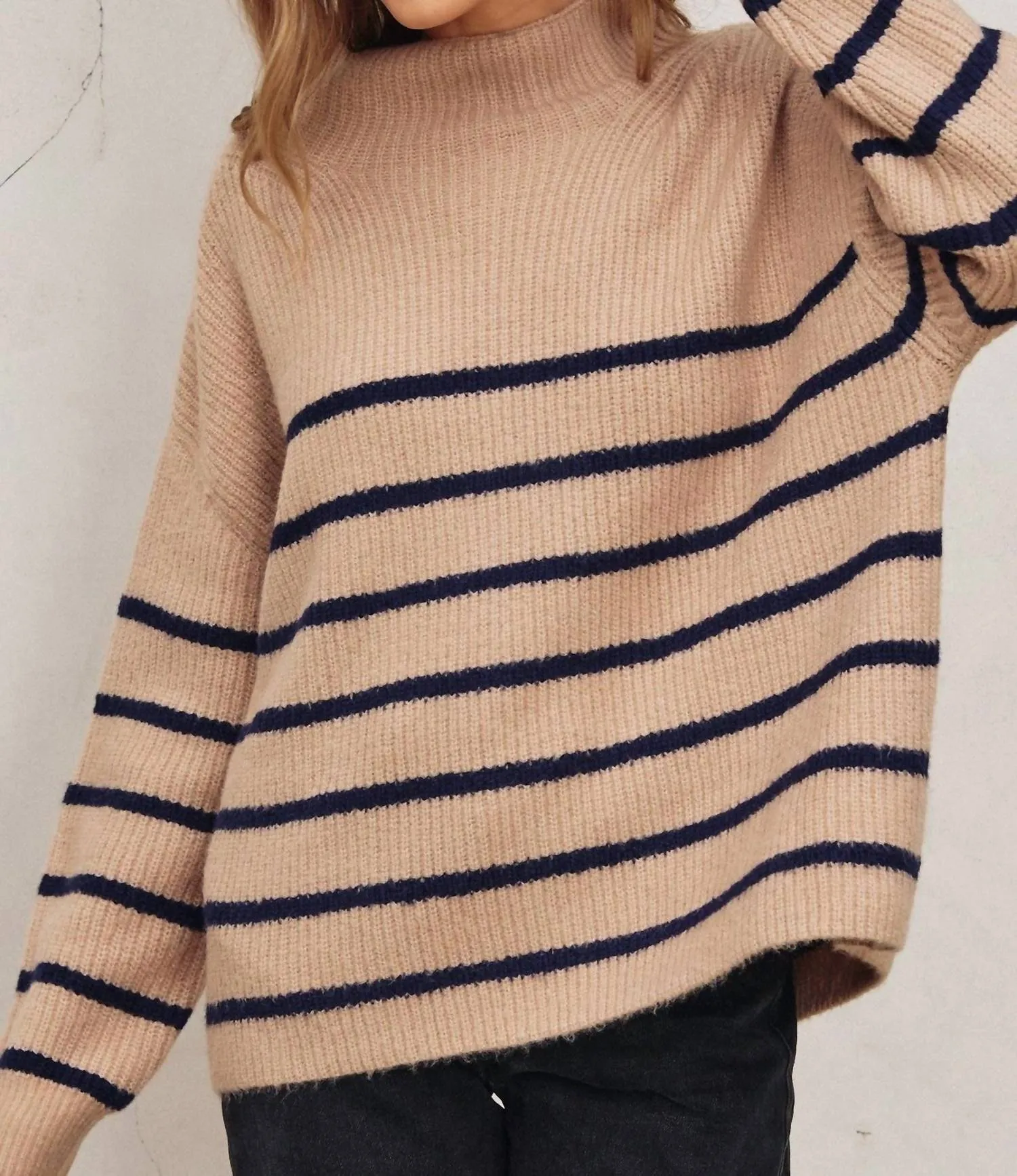 Zoey High Neck Striped Sweater In Taupe/navy Stripes