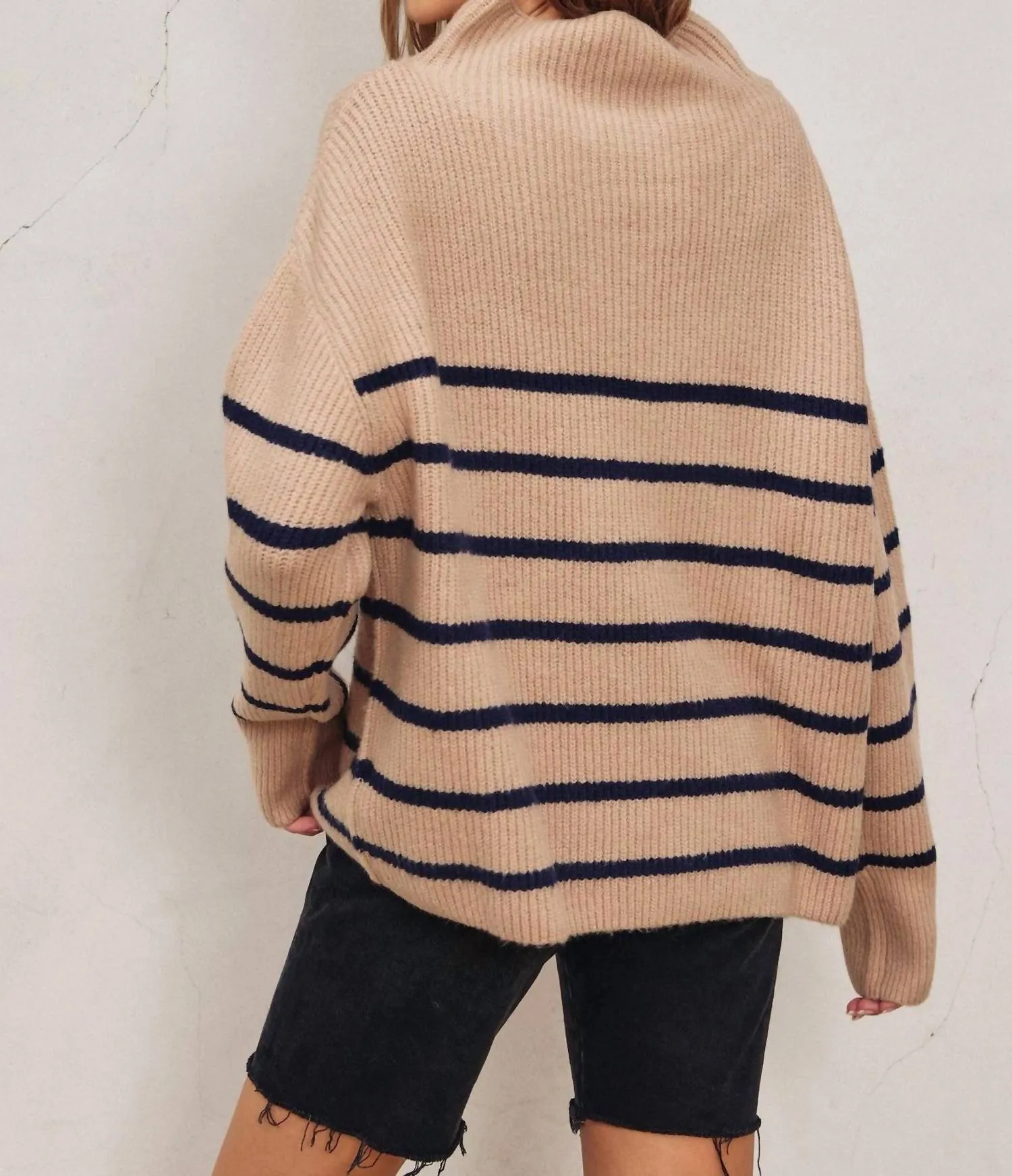 Zoey High Neck Striped Sweater In Taupe/navy Stripes